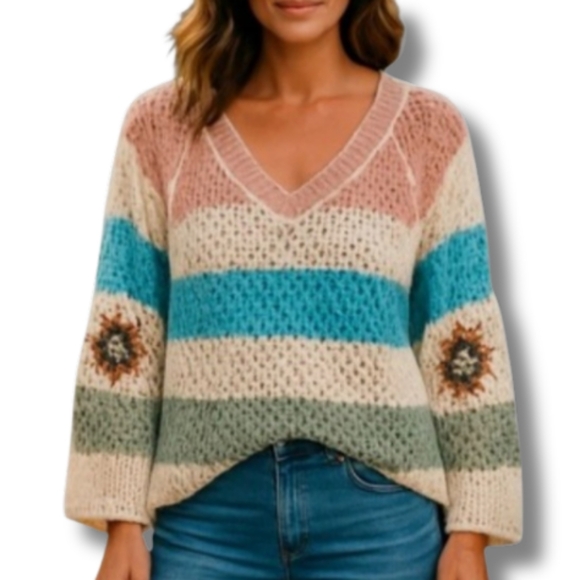 POL Crochet Knit Sweater Striped V Neck Granny Square Boho Chic Pullover - Picture 1 of 16